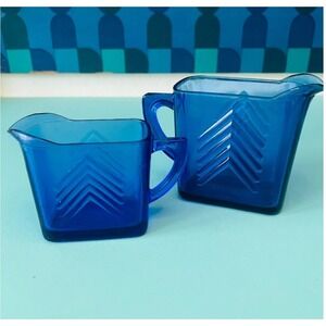 Vintage Cobalt Blue Glass Creamer Set Art Deco Chevron Skyscraper Pattern 2pc